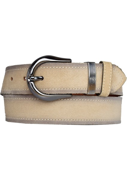 Hakiki Deri, Siyah Nikel Takım Tokalı 4 cm Süet Krem Kadın Kemeri; Kot, Spor Kemer=n-70.nikel.takım