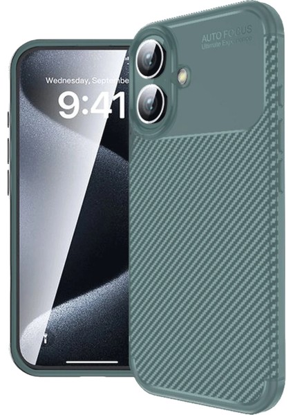 Apple iPhone 16 Karbon Kaplama Auto Focus Kılıf - Sportif&profesyonel Stil - Koyu Yeşil