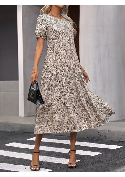 Kadın Mini Leopar Desen Midi Üç Kat Elbise - 2xl-3xl - Bej