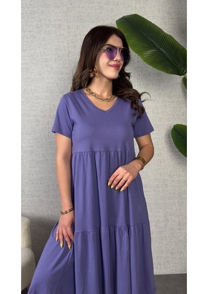 Kadın Kısa Kollu V Yakalı Viskon Elbise
