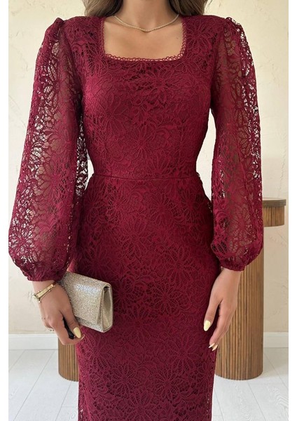 Bordo Güpür Detaylı Dantel Elbise fırsatları