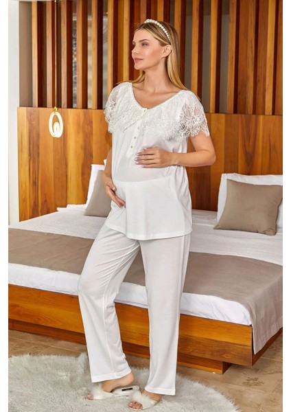 24650 Hamile Lohusa Kısa Kollu Pijama Takımı-Krem