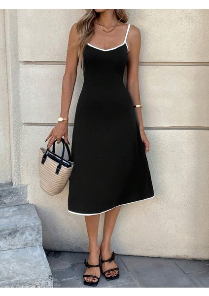 Kadın Ip Askılı Geniş V Yakalı Midi Janjan Krep Elbise