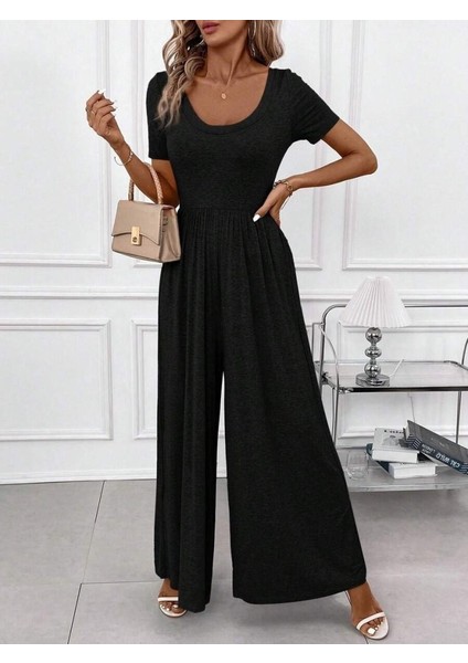 Kadın Kısa Kollu Yuvarlak Yaka Geniş Paçalı Bürümcük Tulum modelleri