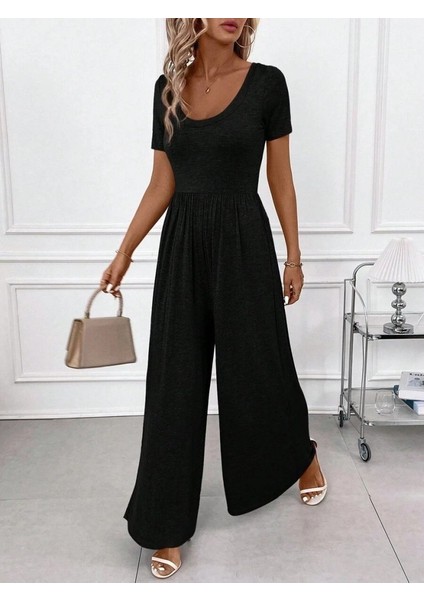 Kadın Kısa Kollu Yuvarlak Yaka Geniş Paçalı Bürümcük Tulum indirimleri