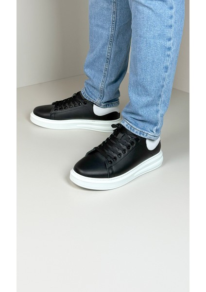 Erkek Siyah Günlük Hakiki Deri Esnek Dikişli Hafif Poli Taban Tam Kalıp Yürüyüş Spor Ayakkabı