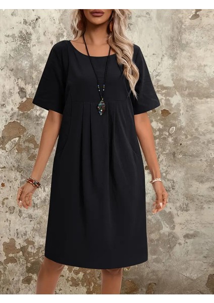 Kadın Kısa Kollu Yakası Açık Önden Büzgülü Cep Detaylı Viskon Iki Iplik Elbise modelleri