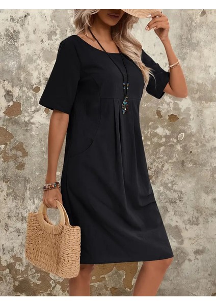 Kadın Kısa Kollu Yakası Açık Önden Büzgülü Cep Detaylı Viskon Iki Iplik Elbise fırsatları