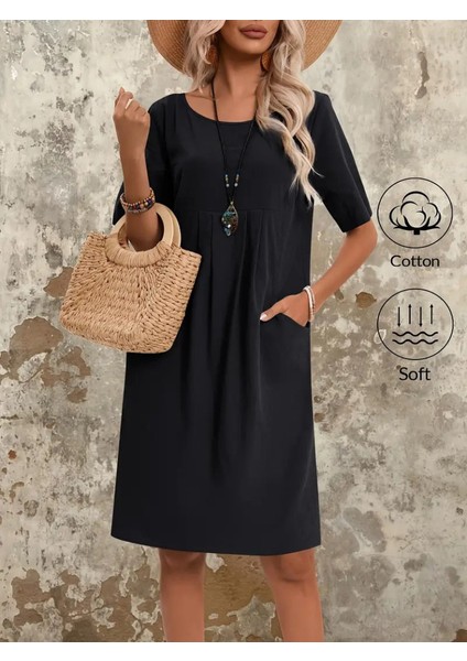 Kadın Kısa Kollu Yakası Açık Önden Büzgülü Cep Detaylı Viskon Iki Iplik Elbise indirimleri