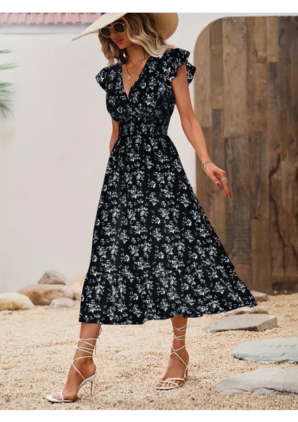 Kadın Kısa Kollu Kruvaze Yakalı Beli Lastikli Çiçek Desenli Elbise fiyatları