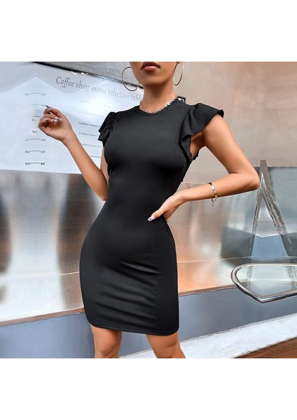 Kadın Kolsuz Omzu Volanlı Bisiklet Yaka Kaşkorse Mini Elbise indirimleri