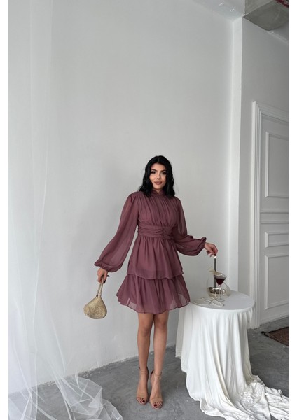 Şifon Katlı Uzun Kol Elbise - Pudra