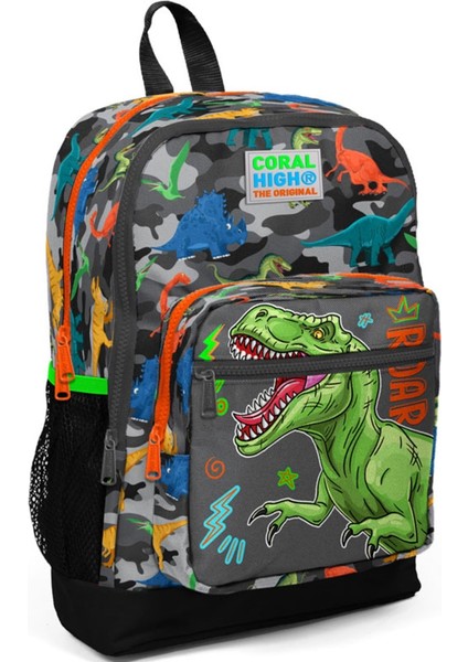 Çocuklar Için Siyah Gri Dinozor Desenli Dört Bölmeli Okul Sırt Çantası
