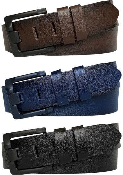 %100 Hakiki Deri 3'lü Geniş Dilli Set Siyah, Lacivert, Kahve 4.5 cm Kot, Spor Kemer, Eski Siyah Toka