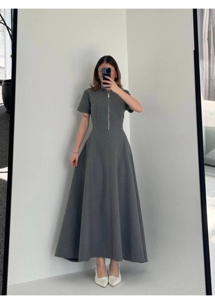 Kısa Kollu Önden Fermuarlı Çan Etekli Uzun Elbise - Antrasit modelleri