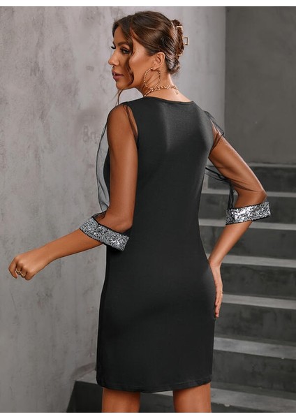 Kadın Fakir Kollu V Yaka Kollar Tüllü Yaka ve Bilekler Payet Detay Krep Elbise modelleri