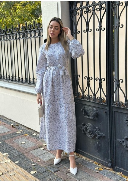 Kadın Uzun Kollu Bisiklet Yaka Papatya Desen Kuşak Dahil Maxi Boy Elbise fiyatları