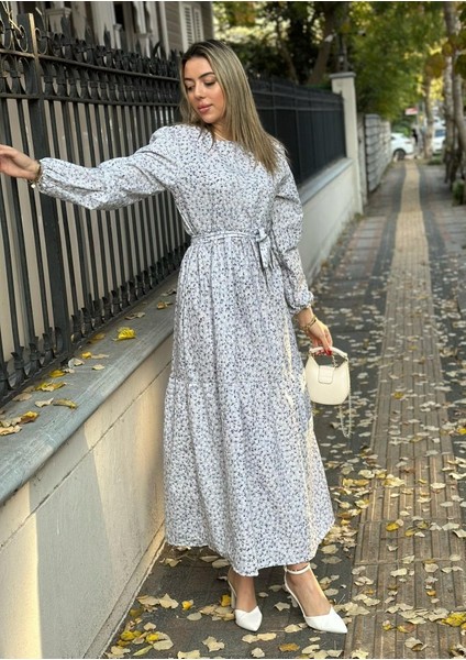 Kadın Uzun Kollu Bisiklet Yaka Papatya Desen Kuşak Dahil Maxi Boy Elbise