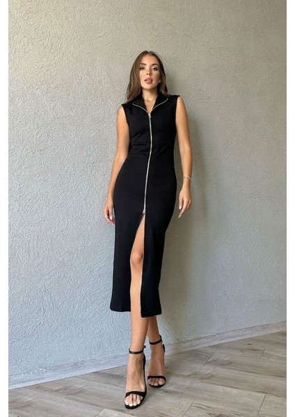 Siyah Boydan Fermuarlı Sıfır Kol Elbise