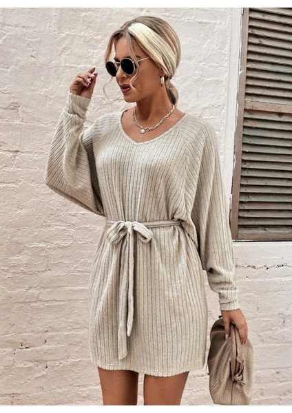 Kadın Uzun Kollu Fitilli Şardonlu Detay Buklet Kuşaklı Yumoş Elbise fiyatları