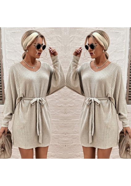 Kadın Uzun Kollu Fitilli Şardonlu Detay Buklet Kuşaklı Yumoş Elbise modelleri