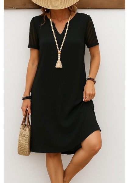 Kadın Kısa Kollu V Yakalı Kısa Janjan Krep Elbise