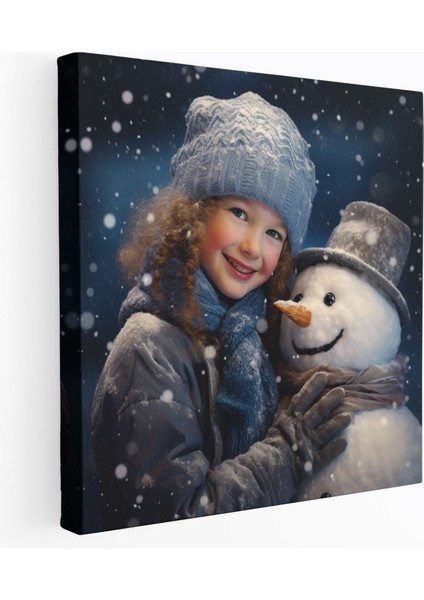 Sevimli Kar Adamı Kanvas Tablo Duvar Dekorasyonu - Kar Adamı Sıcaklık Neşe Düşen Kar Taneleri