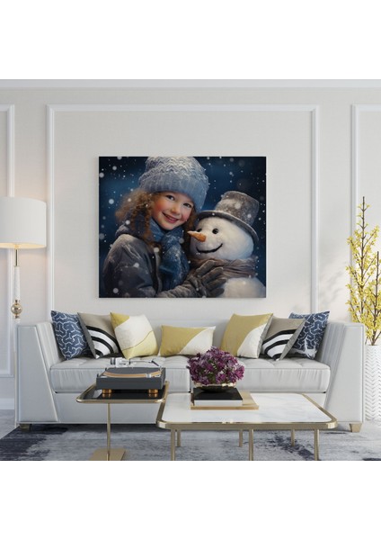 Sevimli Kar Adamı Kanvas Tablo Duvar Dekorasyonu - Kar Adamı Sıcaklık Neşe Düşen Kar Taneleri fiyatları