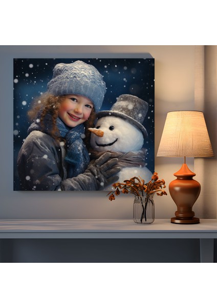 Sevimli Kar Adamı Kanvas Tablo Duvar Dekorasyonu - Kar Adamı Sıcaklık Neşe Düşen Kar Taneleri modelleri