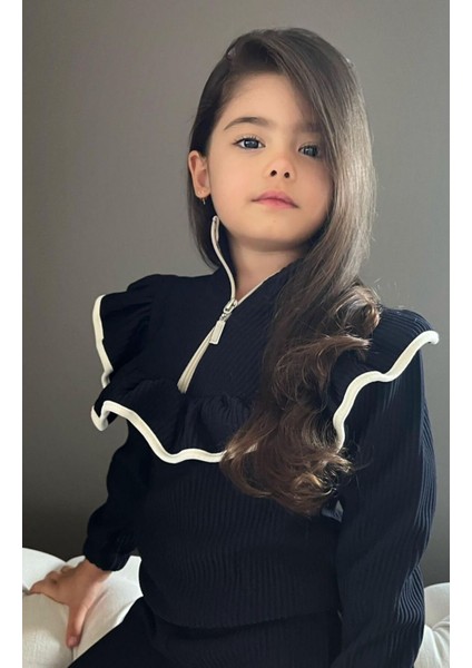 Kız Çocuk Okul Takımı Siyah Yarım Boğaz Ispanyol Paça Alt Üst Set fiyatları