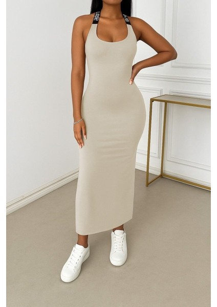 Kadın Yuvarlak Yaka Sırttan Çapraz Şerit Love Detaylı Yırtmaçlı Viskon Elbise fiyatları