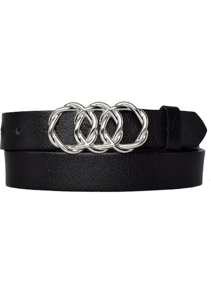 %100 Hakiki Deri, Gümüş Örgü Tokalı 3 cm Siyah Kadın Kemeri; Elbise, Pantolon Kemeri=3cm-Kdn-46