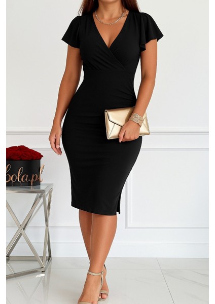 Kadın Kısa Kollu Derin Dekolte V Yakalı Yırtmaçlı Midi Janjan Krep Elbise fiyatları