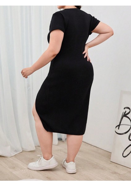 Kadın Büyük Beden Kısa Kollu Yanı Yırtmaçlı Bisiklet Yaka Viskon Elbise