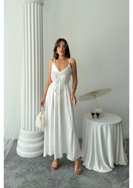 Jakar Saten Degaje Askılı Elbise Ip Kemerli - Beyaz