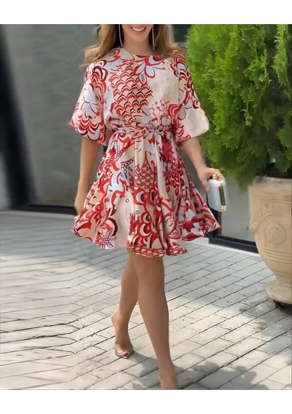 Kadın Kısa Balon Kollu Yuvarlak Yakalı Pileli Desenli Mini Elbise