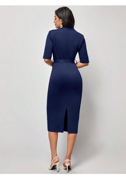 Kadın Kısa Kollu Yakalı Kruvaze Yakalı Beli Kemerli Midi Modal Elbise fırsatları