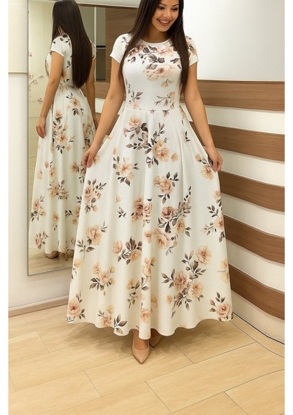 Kadın Kısa Kollu Bisiklet Yaka Puantiyeli Maksi Örme Krep Elbise modelleri