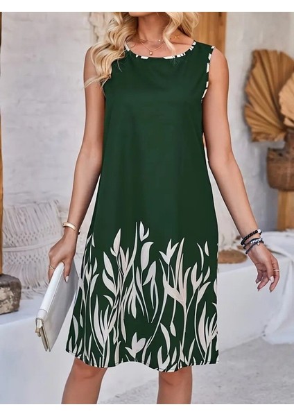Kadın Askılı Yuvarlak Yakalı Yaprak Desenli Dalgıç Elbise fiyatları