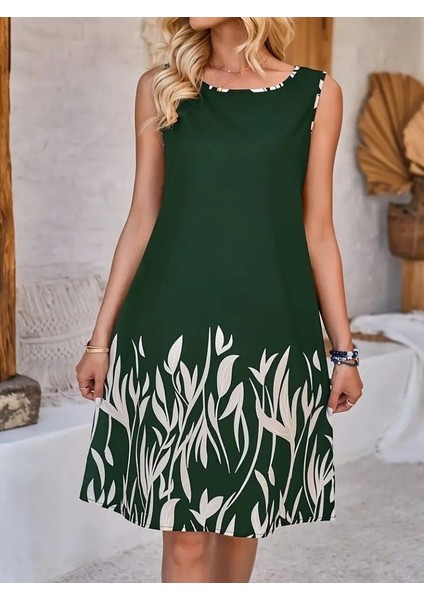Kadın Askılı Yuvarlak Yakalı Yaprak Desenli Dalgıç Elbise indirimleri