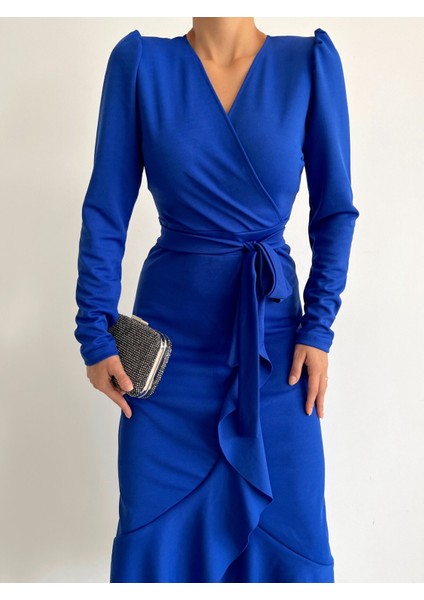 Krep Kumaş Midi Boy Kuşaklı Uzunkol Elbise