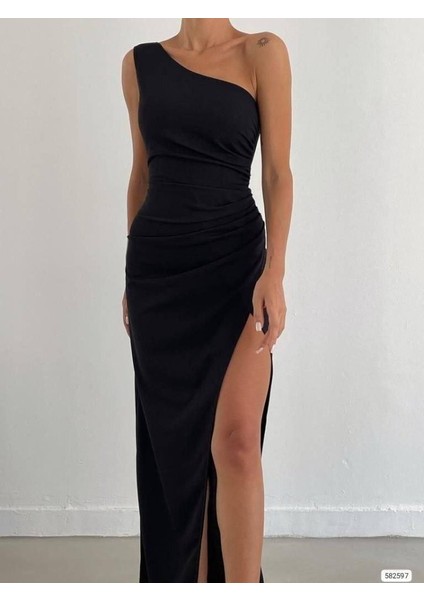 Kadın Dalgıç Krep Kumaş Tek Omuz Yırtmaç Detaylı Maxi Boy Elbise