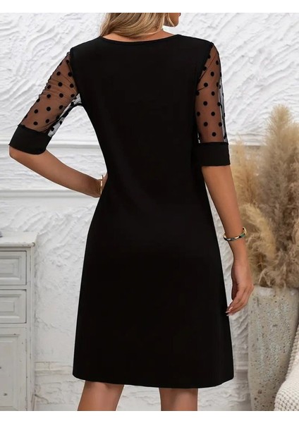 Kadın Puantiyeli Tül Kollu Bisiklet Yaka Janjan Krep Elbise