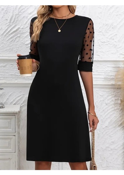 Kadın Puantiyeli Tül Kollu Bisiklet Yaka Janjan Krep Elbise