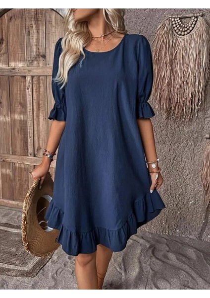 Kadın Kısa Kollu Kol ve Eteği Volanlı Bisiklet Yaka Aerobin Elbise modelleri