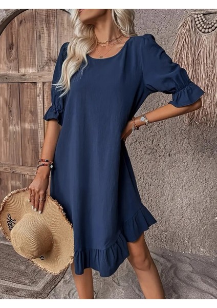 Kadın Kısa Kollu Kol ve Eteği Volanlı Bisiklet Yaka Aerobin Elbise fırsatları