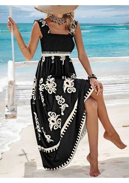 Kadın Askılı Kare Yaka Gipe Detaylı Desenli Suprem Elbise