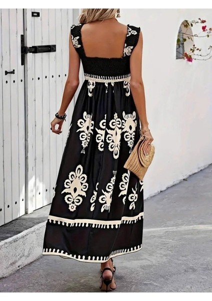 Kadın Askılı Kare Yaka Gipe Detaylı Desenli Suprem Elbise