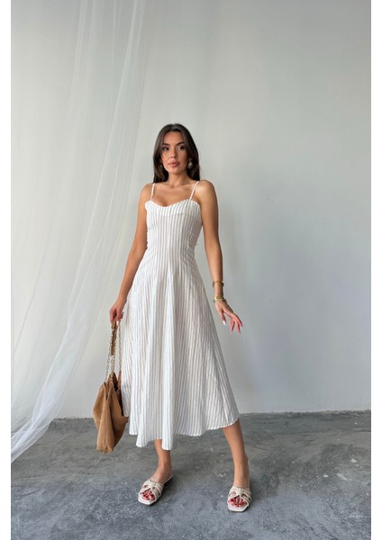 Simli Çizgili Askılı Elbise Midi Boy - Kahverengi fırsatları