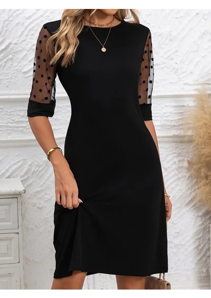 Kadın Puantiyeli Tül Kollu Bisiklet Yaka Janjan Krep Elbise fiyatları